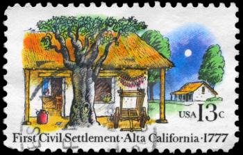 Royalty Free Photo of 1977 US Stamp Shows the Farm Houses, 1st Civil Settlement in Alta California, 200th Anniversary