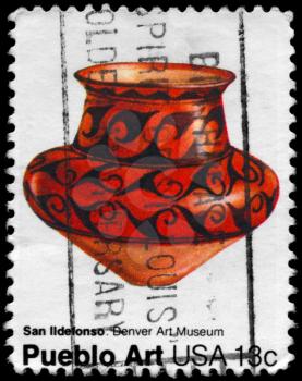 Royalty Free Photo of 1977 US Stamp Shows the Pottery of San Ildefonso Tribe, Pueblo Art from Denver Art Museum