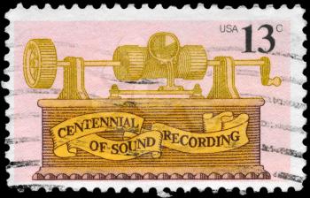 Royalty Free Photo of 1977 US Stamp Shows the Tinfoil Phonograph, by Thomas Alva Edison, Sound Recording