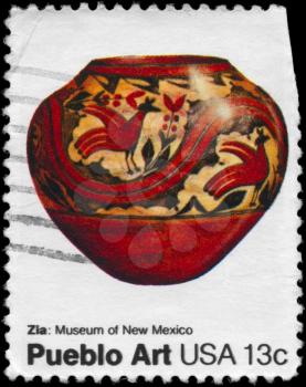 Royalty Free Photo of 1977 US Stamp Shows the Pottery of Zia Tribe, Pueblo Art from Museum of New Mexico