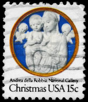 Royalty Free Photo of 1978 US Stamp Shows the Madonna and Child with Cherubim, by Andrea Della Robbia (1435-1525), National Gallery