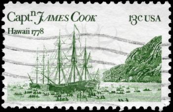 Royalty Free Photo of 1978 US Stamp Shows the Resolution and Discovery by John Webber, Devoted to Captain James Cook, 200th Anniversary of his Arrival in Hawaii