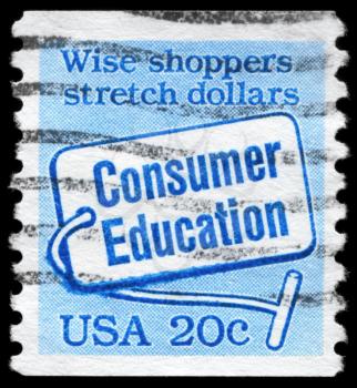 Royalty Free Photo of 1982 US Stamp Shows the Consumer Education Label Inscribed Wise Shoppers Stretch Dollars