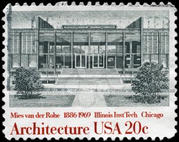 Royalty Free Photo of 1982 US Stamp Shows Illinois Institute of Technology, by Ludwig Mies van der Rohe, American Architecture Series