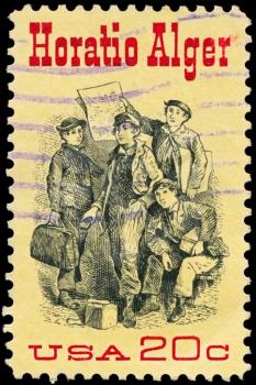 Royalty Free Photo of 1982 US Stamp Shows the Frontispiece from Ragged Dick, by Horatio Alger (1832-1899), American Author