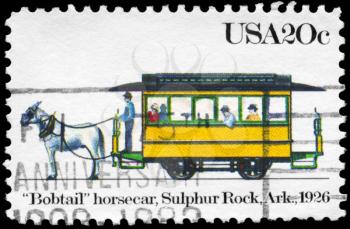 Royalty Free Photo of 1983 US Stamp Shows the Bobtail Horsecar, Sulphur Rock, Arkansas, Streetcars