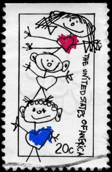 Royalty Free Photo of 1984 US Stamp Shows a Child's Painting, on Theme of Family Unity