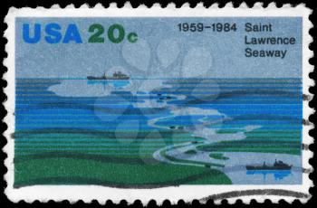 Royalty Free Photo of 1984 US Stamp Shows Aerial View of Seaway, Freighters, 25th Anniversary of Saint Lawrence Seaway