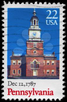 Royalty Free Photo of 1987 of US Stamp Shows Old Building, Pennsylvania, Ratification of the Constitution