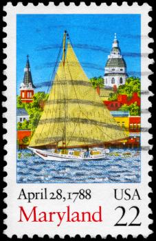Royalty Free Photo of 1988 US Stamp Shows the Sailer on the City Background, Ratification of the Constitution