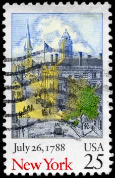 Royalty Free Photo of 1988 US Stamp Shows Old New York Scene, Ratification of the Constitution