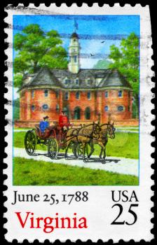 Royalty Free Photo of 1988 US Stamp Shows Horse Carriage and Building, Virginia, Ratification of the Constitution