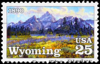 Royalty Free Photo of 1990 US Stamp Shows the High Mountain Meadows, by Conrad Schwiering, Wyoming State Centenary
