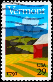 Royalty Free Photo of 1991 US Stamp Shows the Landscape, Vermont Statehood Bicentennial