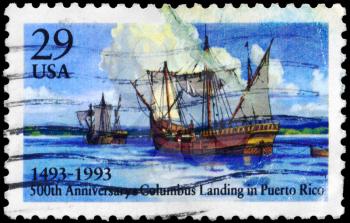 Royalty Free Photo of 1993 US Stamp Shows Columbus Landing in Puerto Rico, 500th Anniversary