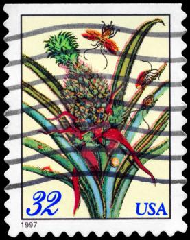 Royalty Free Photo of 1997 US Stamp Shows the Flowering Pineapple and Cockroaches, Merian Botanical Prints