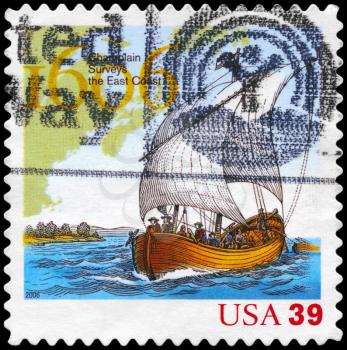 Royalty Free Photo of 2006 US Stamp Shows the Ship and Map, Exploration of East Coast by Samuel de Champlain, 400th Anniversary