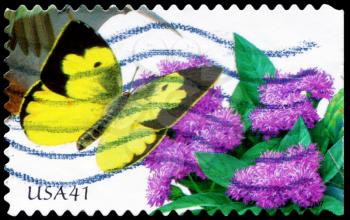 Royalty Free Photo of 2007 US Stamp Shows the Prairie Ironweed and Southern Dogface Butterfly, Pollination