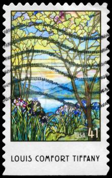 Royalty Free Photo of 2007 US Stamp Shows Magnolia and Irises, Stained Glass by Louis Comfort Tiffany (1848-1933), American Treasures