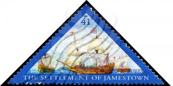 Royalty Free Photo of 2007 US Stamp Shows the Ships Susan Constant, Godspeed and Discovery, Settlement of Jamestown, 400th Anniversary