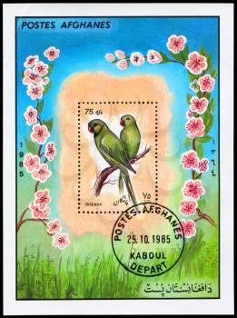 AFGHANISTAN - CIRCA 1985: A Stamp sheet shows image of a Parrots from the series Birds, circa 1985