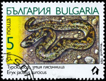 BULGARIA - CIRCA 1989: A Stamp printed in BULGARIA shows the image of a Eryx with the description Eryx jaculus turcicus from the series Snakes, circa 1989