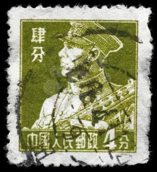 CHINA - CIRCA 1955: A Stamp printed in CHINA shows the portrait of a Soldier with tommy-gun, series, circa 1955