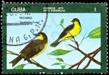 CUBA - CIRCA 1976: A Stamp printed in CUBA shows image of a Oriente Warbler with the designation Teretistris fornsi from the series Indigenous Birds, circa 1976