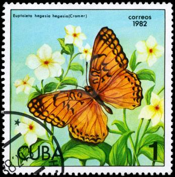 CUBA - CIRCA 1982: A Stamp printed in CUBA shows image of a Butterfly with the description Euptoieta hegesia, series, circa 1982
