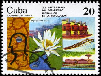 CUBA - CIRCA 1982: A Stamp printed in CUBA shows the Arid soil, Nymphaea alba, irrigation & reservoir systems, series Hydraulic Development Plan, 20th Anniv., circa 1982