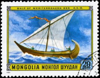 MONGOLIA - CIRCA 1981: A Stamp printed in MONGOLIA shows the Mediterranean Ship, 9th cent., from the series Sailing ships, circa 1981
