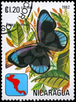 NICARAGUA - CIRCA 1982: A Stamp printed in NICARAGUA shows image of a Butterfly with the description Eunica alcmena, series, circa 1982