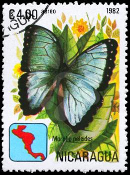 NICARAGUA - CIRCA 1982: A Stamp printed in NICARAGUA shows image of a Butterfly with the description Morpho peleides, series, circa 1982
