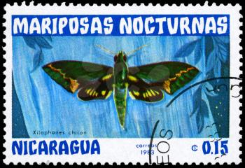 NICARAGUA - CIRCA 1983: A Stamp printed in NICARAGUA shows image of a Moth with the inscription Xilophanes chiron from the series Nocturnal Moths, circa 1983