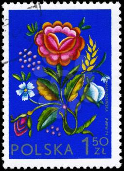 POLAND - CIRCA 1974: A Stamp printed in POLAND shows the Embroidery from Lowicz, series, circa 1974
