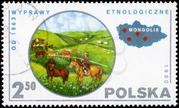 POLAND - CIRCA 1980: A Stamp printed in POLAND shows the theme of a Ethnology of Mongolia, (1963 Expedition), series, circa 1980