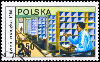 POLAND - CIRCA 1980: A Stamp printed in POLAND shows a Mail sorting from the series Stamp Day, circa 1980