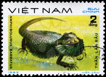 VIETNAM - CIRCA 1983: A Stamp printed in VIETNAM shows the image of a Bearded Dragon with the description Amphibolurus barbatus from the series Reptiles, circa 1983