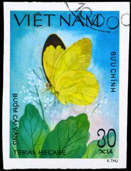 VIETNAM - CIRCA 1983: A Stamp printed in VIETNAM shows image of a Butterfly with the description Terias hecabe, series, circa 1983