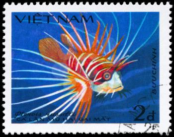 VIETNAM - CIRCA 1984: A Stamp printed in VIETNAM shows image of a Lionfish with the inscription Pterois russelli from the series Fish, circa 1984
