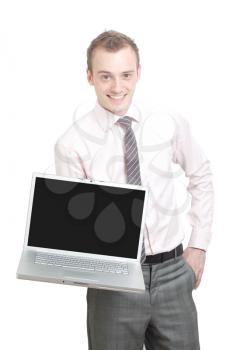Royalty Free Photo of a Businessman Holding a Laptop