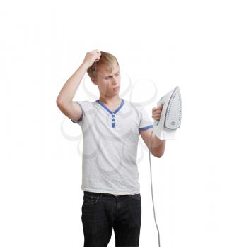 Royalty Free Photo of a Teenager Holding an Iron