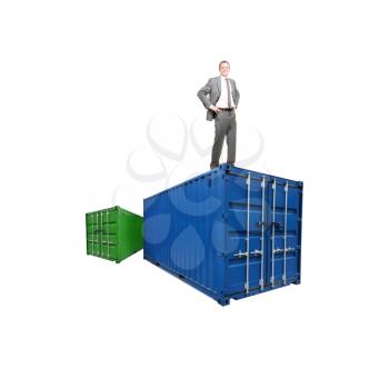 A shippping container and businessman on white