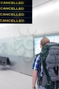 Cancelled flights in an airport terminal