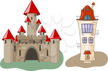 Royalty Free Clipart Image of a House and a Castle