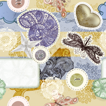 Royalty Free Clipart Image of a Scrapbooking Background of Buttons, a Dragonfly, Shell and a Heart