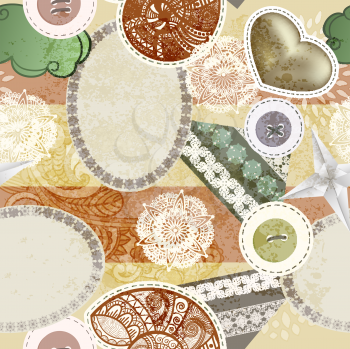 Royalty Free Clipart Image of a Scrapbooking Background of Buttons, a Heart and Shells