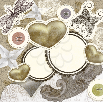 Royalty Free Clipart Image of a Scrapbooking Background of Hearts, Buttons, a Butterfly and a Dragonfly 