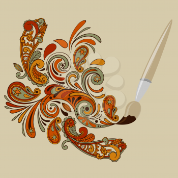 Royalty Free Clipart Image of a Background of a Paint Brush with a Paisley Pattern
