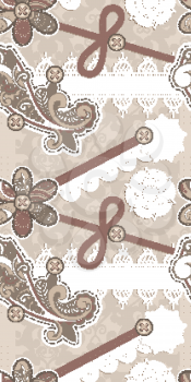 Royalty Free Clipart Image of a Background of Buttons, Lace, String and Paisley Pattern